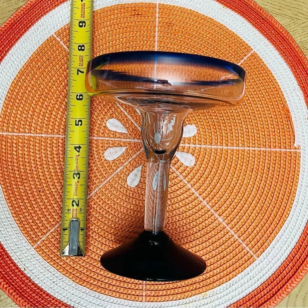 Mexican Hand Blown Margarita Glasses Cobalt Blue Rim Set of Two